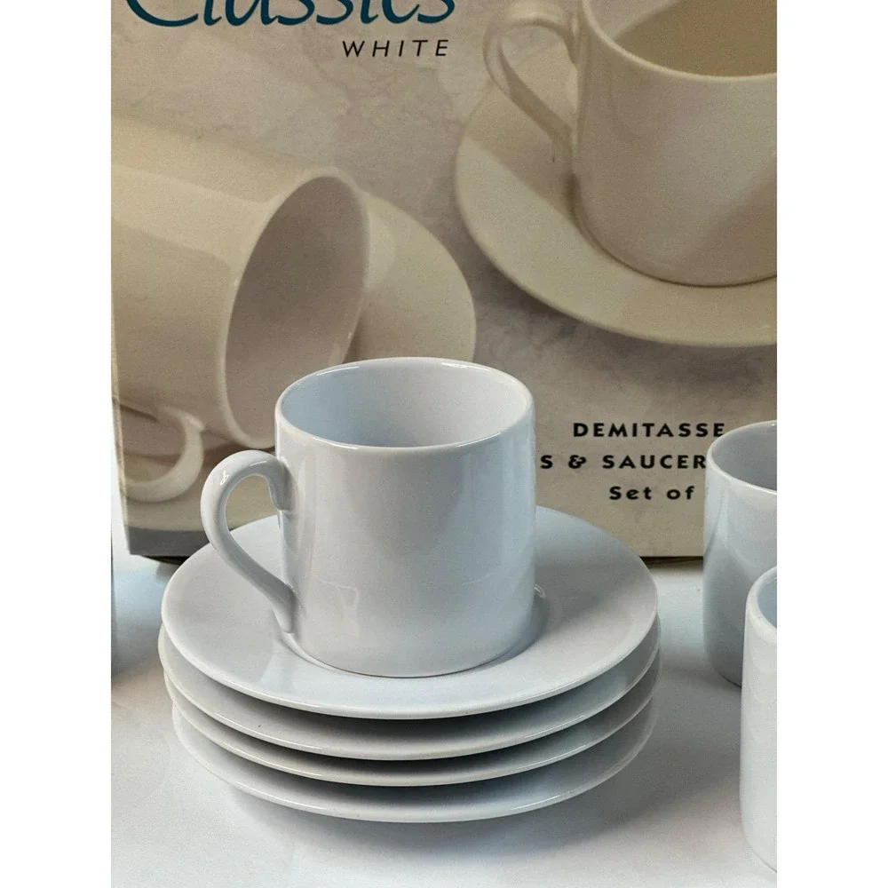 VTG Signature Housewares‎ Demitasse Cup & Saucer Set-4 White 2.5-5 Classic Retro